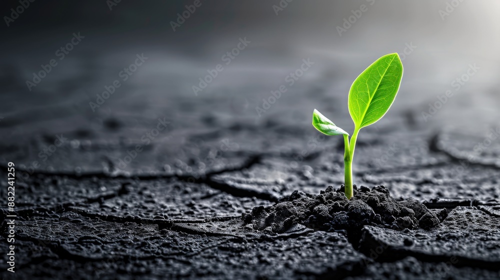Cracked dry soil with small sprouting plant silhouette Cracked dry soil with small sprouting plant silhouette