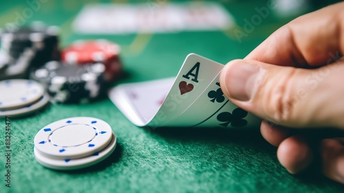 Close-up of a hand revealing playing cards with poker chips on a casino table, symbolizing gambling risk and strategy in the game of poker.