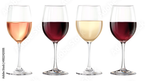 Set of white, rose, and red wine glasses isolated on withe background