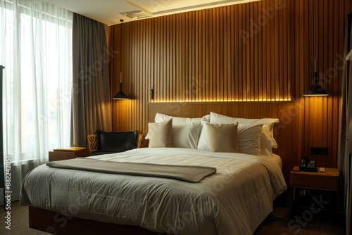 Luxury modern and contemporary hotel room interior, Cozy modern bedroom suite, Big double bed