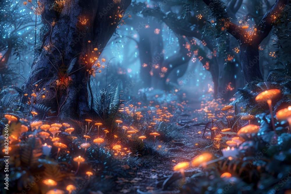 Obraz premium Enchanted Forest with Glowing Mushrooms and Mystical Lighting in a Magical Nighttime Scene