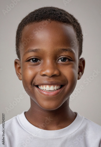 Portrait view of a regular happy smiling Cameroon boy, ultra realistic, candid, social media, avatar image, plain solid background