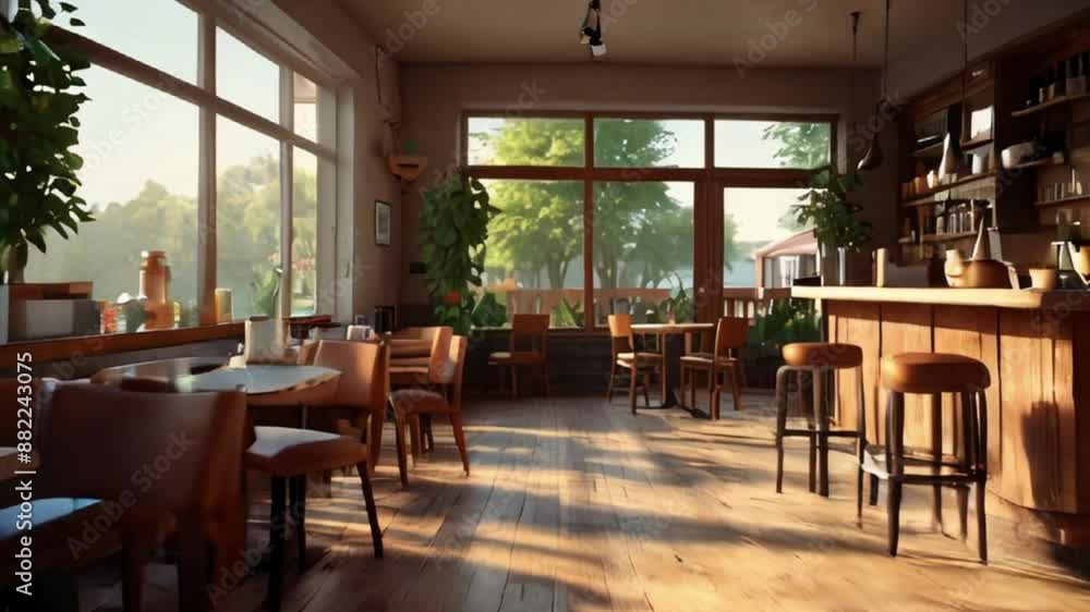 Cozy Cafe Interior with Large Windows and Sunbeams Cozy Cafe Interior with Large Windows and Sunbeams