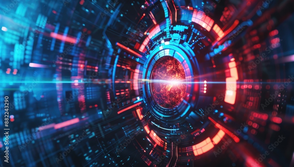 Abstract Red and Blue Digital Target with Laser Focus. Achieving Precision in a Neon Cyber World Abstract Red and Blue Digital Target with Laser Focus. Achieving Precision in a Neon Cyber World