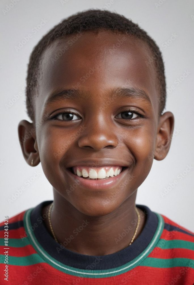 Portrait view of a regular happy smiling Kenya boy, ultra realistic, candid, social media, avatar image, plain solid background