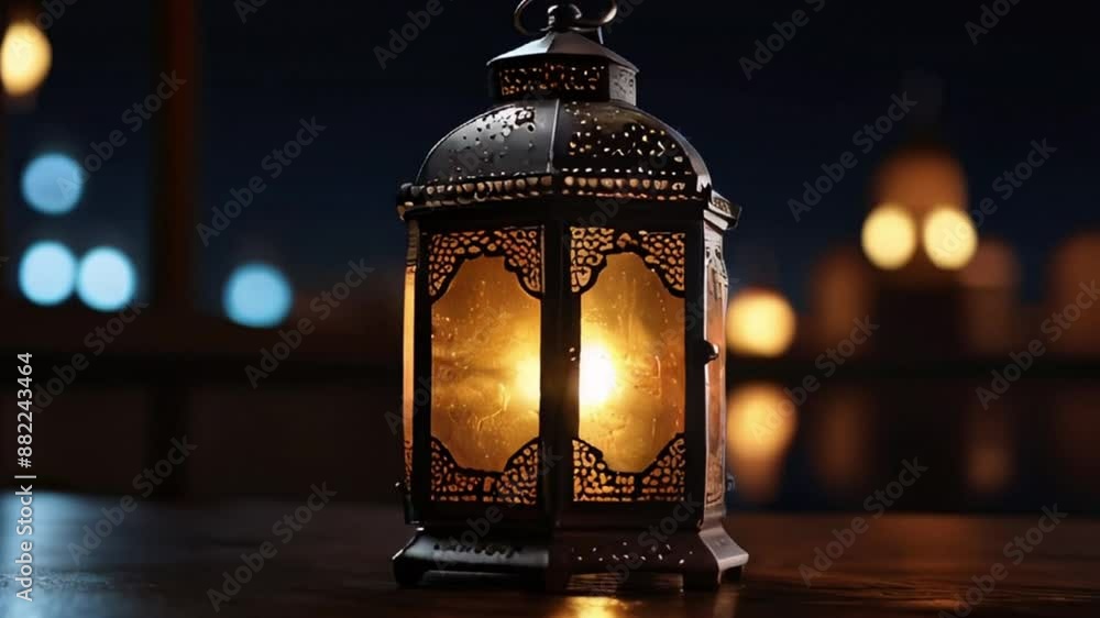 Ornate Ramadan Lantern with Warm Glow and City Lights in the Background Ornate Ramadan Lantern with Warm Glow and City Lights in the Background
