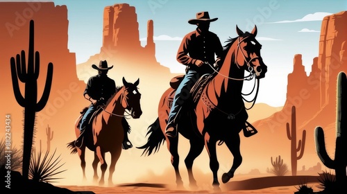 Two Cowboys Riding Through the Desert