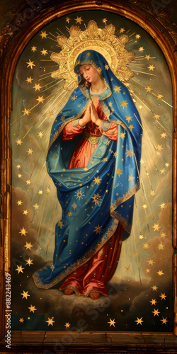 the holy mother, with blue veil, mother mary theme, gold stars around. AI generative. photo