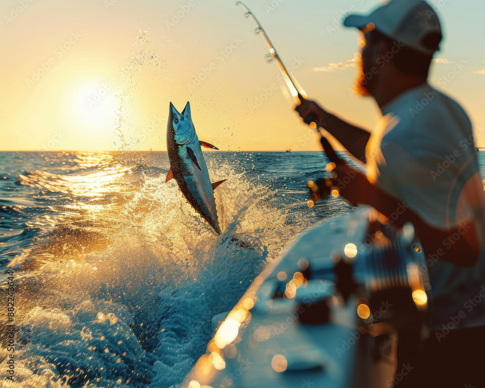 Fish Reeled In Point of view of a big fishing rod with a luxury reel and a big fish ...