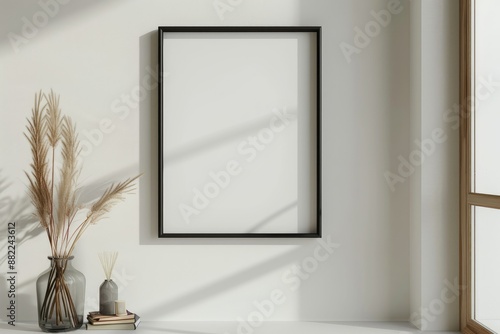 Empty Picture Frame Mockup Hanging on White Wall with Sunlight Houseplant Plant in Pot. Modern White Interior Design
