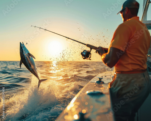 Point of view of a big fishing rod with a luxury reel and a big fish jumping in the air photo