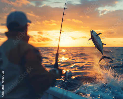 Point of view of a big fishing rod with a luxury reel and a big fish jumping in the air