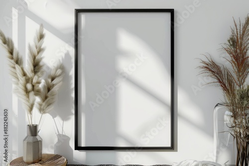 Empty Picture Frame Mockup Hanging on White Wall with Sunlight Houseplant Plant in Pot. Modern White Interior Design