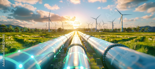 A digital model of energy infrastructure with a future gas pipeline and data transmission capability. Set in a landscape with wind turbines showing sustainable energy future