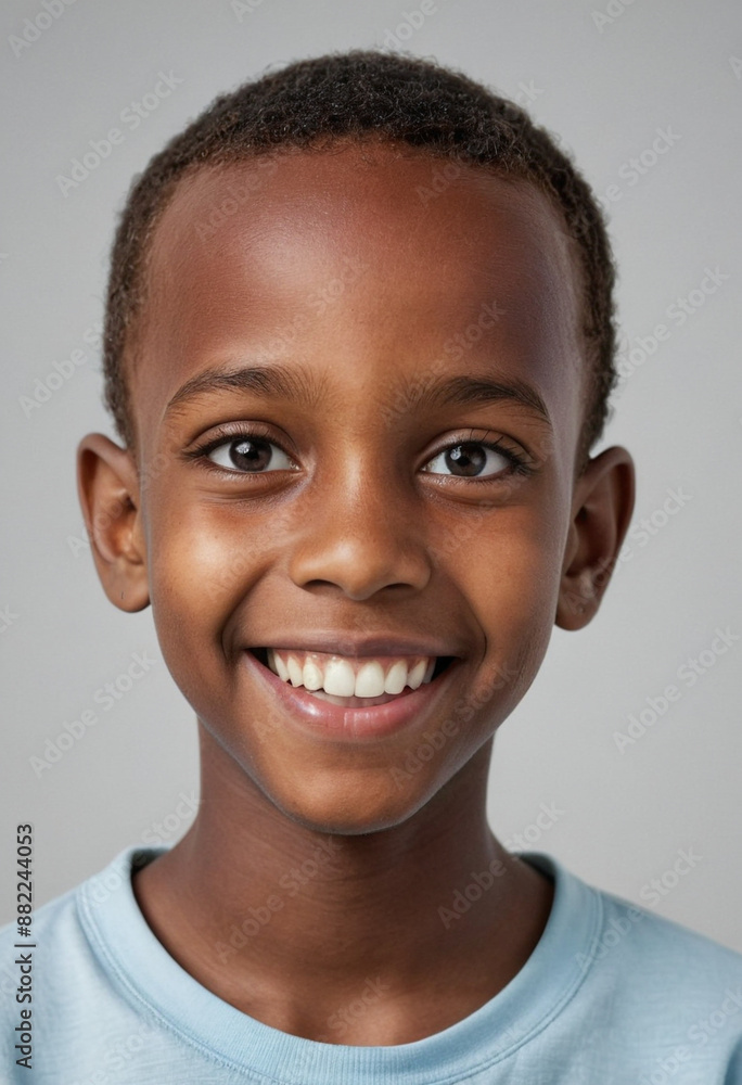 Portrait view of a regular happy smiling Somalia boy, ultra realistic, candid, social media, avatar image, plain solid background
