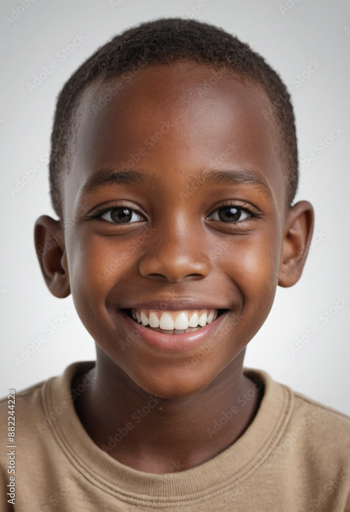 Portrait view of a regular happy smiling Tanzania boy, ultra realistic, candid, social media, avatar image, plain solid background