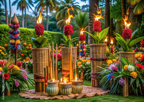 Vibrant tropical flowers, lush greenery, and colorful tiki torches adorn a traditional Hawaiian luau setting, complete with woven mats and exotic Polynesian patterns. photo