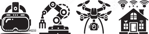 Print Virtual Reality Headset,Robot Arm,Drone,Smart Home icons.Solid vector icons collection. vector icon, white background 