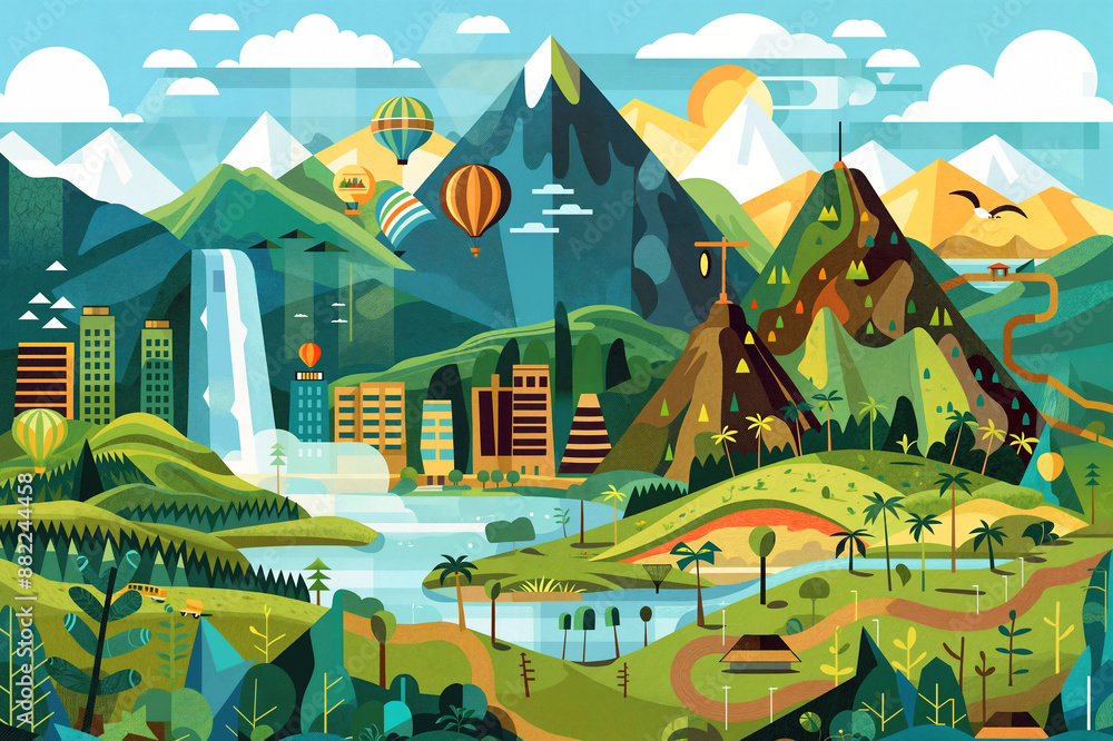 ity Built in the Mountains: Illustration with Lush Greenery and River ity Built in the Mountains: Illustration with Lush Greenery and River