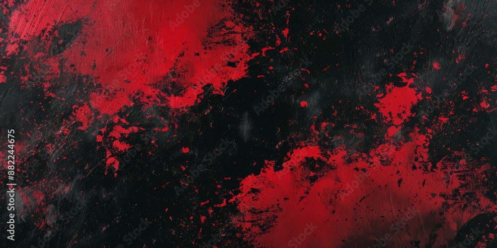 Abstract red and black paint splatter background for modern, bold design projects, offering edgy and contemporary vibe