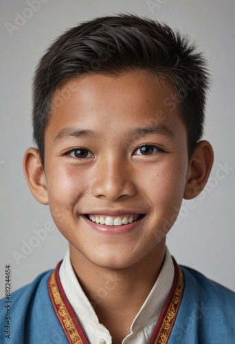Portrait view of a regular happy smiling Bhutan boy, ultra realistic, candid, social media, avatar image, plain solid background