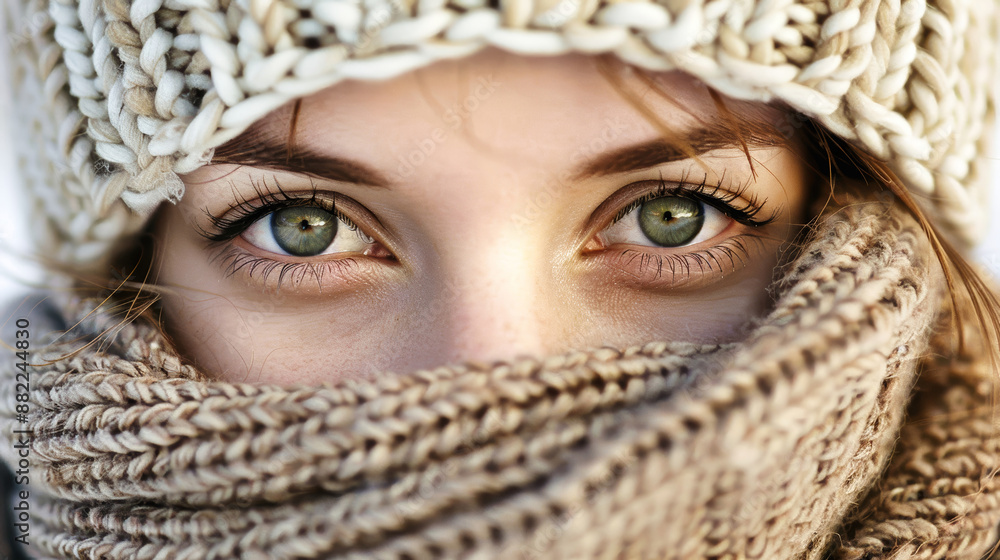 A close-up shot of a womans face, partially obscured by a knitted scarf, with her bright green eyes looking directly at the viewer A close-up shot of a womans face, partially obscured by a knitted scarf, with her bright green eyes looking directly at the viewer