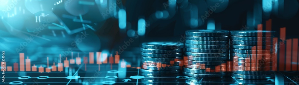 Digital finance concept with stack of coins, graphs and charts representing financial growth, investment, and technology. Digital finance concept with stack of coins, graphs and charts representing financial growth, investment, and technology.