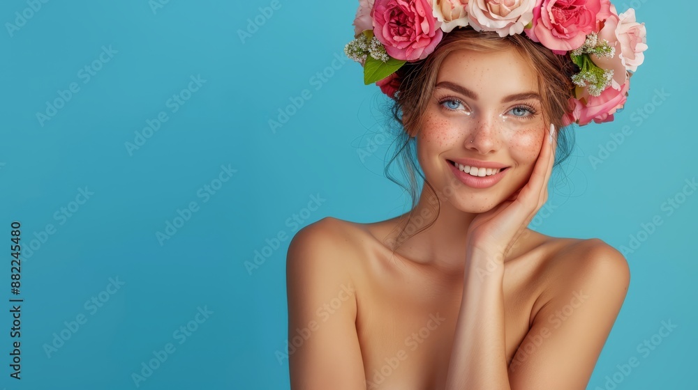 A lovely young woman in a flower crown poses, cheek rested gently in hand for the camera A lovely young woman in a flower crown poses, cheek rested gently in hand for the camera