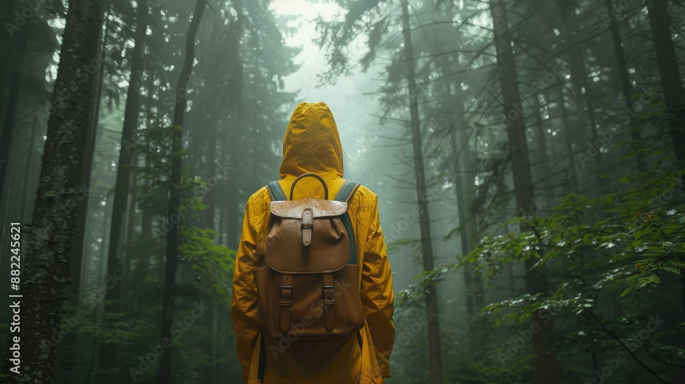 A person, clad in a yellow raincoat, carries a backpack on his back while trekking through the woods A person, clad in a yellow raincoat, carries a backpack on his back while trekking through the woods