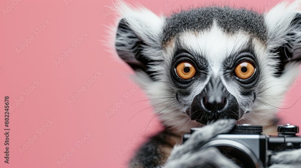 A tight shot of a Lemur's face, camera positioned in front, against a pink backdrop A tight shot of a Lemur's face, camera positioned in front, against a pink backdrop