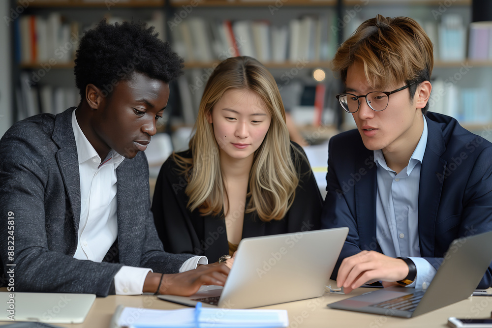 A diverse group of young professionals collaborating on a business project in a modern office setting. A diverse group of young professionals collaborating on a business project in a modern office setting.