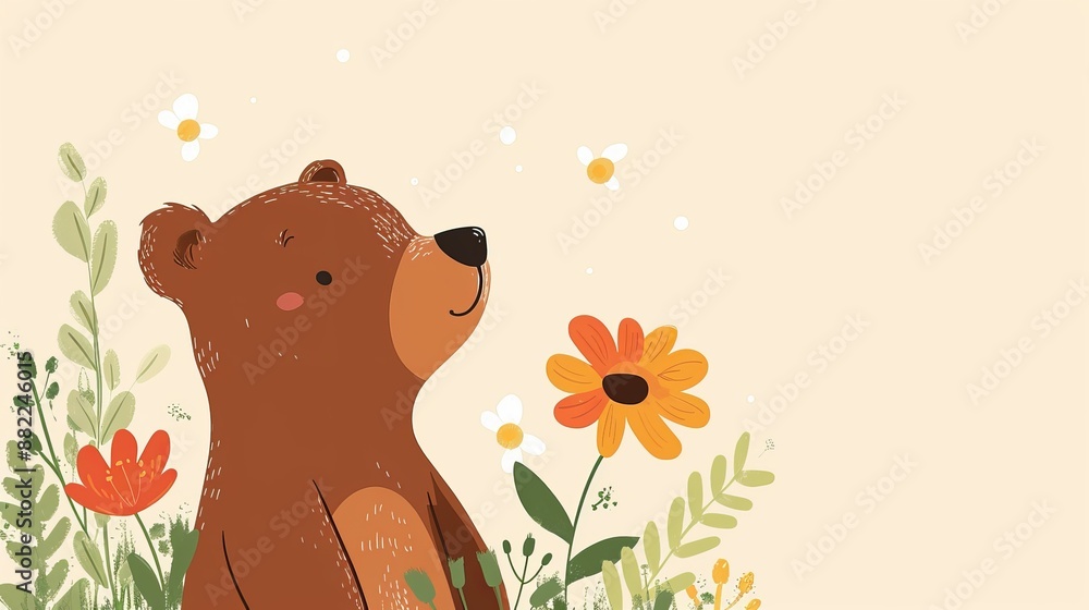A bear stands in the grass, flowers adorning its head sides A bear stands in the grass, flowers adorning its head sides