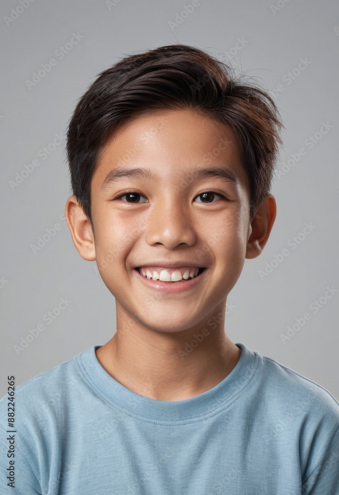 Portrait view of a regular happy smiling Singapore boy, ultra realistic, candid, social media, avatar image, plain solid background Portrait view of a regular happy smiling Singapore boy, ultra realistic, candid, social media, avatar image, plain solid background