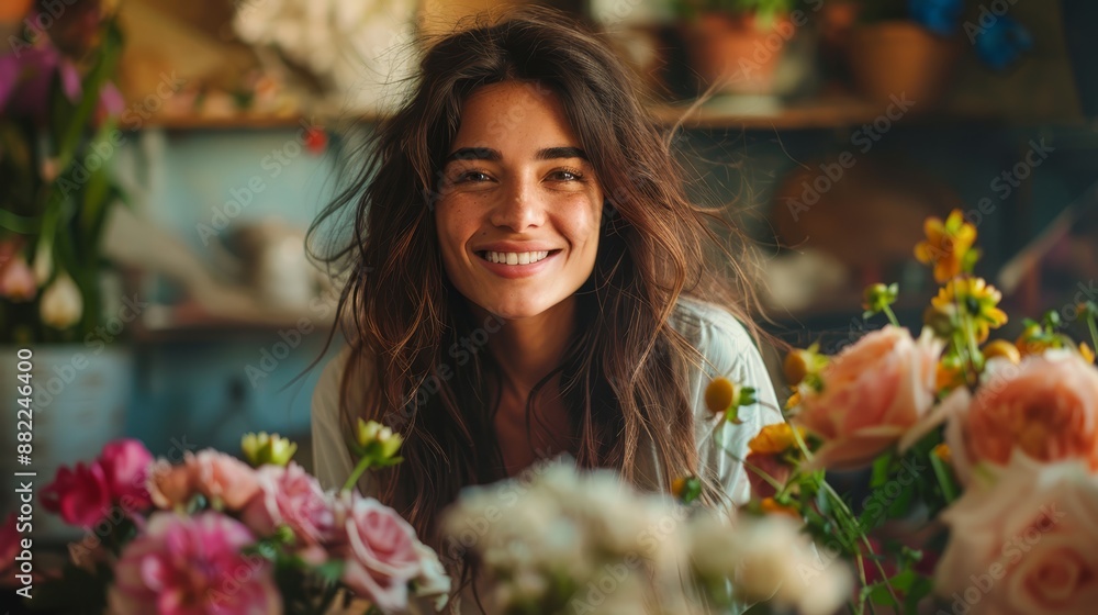 A woman seated at a table, flowers in hand, arranging a vase before her A woman seated at a table, flowers in hand, arranging a vase before her
