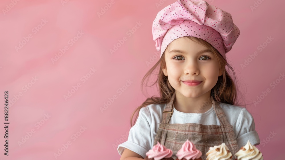 A young girl, adorned with a pink bow atop her head, holds a cupcake against a backdrop of a pink wall A young girl, adorned with a pink bow atop her head, holds a cupcake against a backdrop of a pink wall
