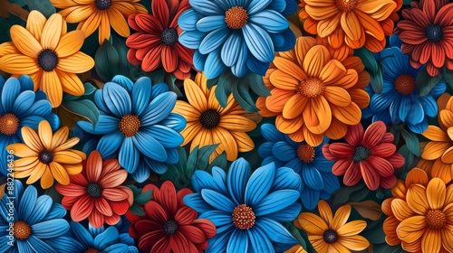 Vibrant Floral Tapestry: Blue, Orange and Red