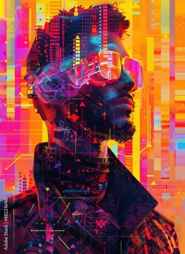 A vibrant and futuristic modern art portrait in a cyberpunk style, featuring a person with neon tattoos and glowing cybernetic implants. The background is a kaleidoscope of neon lights and geometric