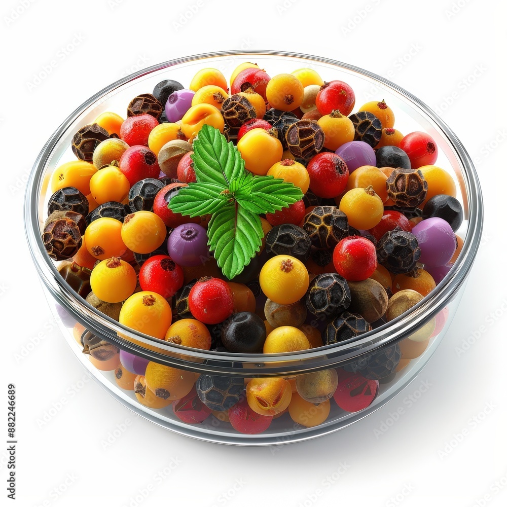 Peppercorns, mixed variety, in a clear spice grinder, ready for seasoning. Single Object on white background Peppercorns, mixed variety, in a clear spice grinder, ready for seasoning. Single Object on white background