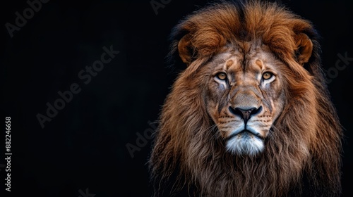  A tight shot of a lion's eye against a black backdrop, concealing the rest of its face from view © Jevjenijs
