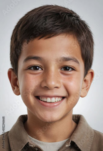 Portrait view of a regular happy smiling Uzbekistan boy, ultra realistic, candid, social media, avatar image, plain solid background