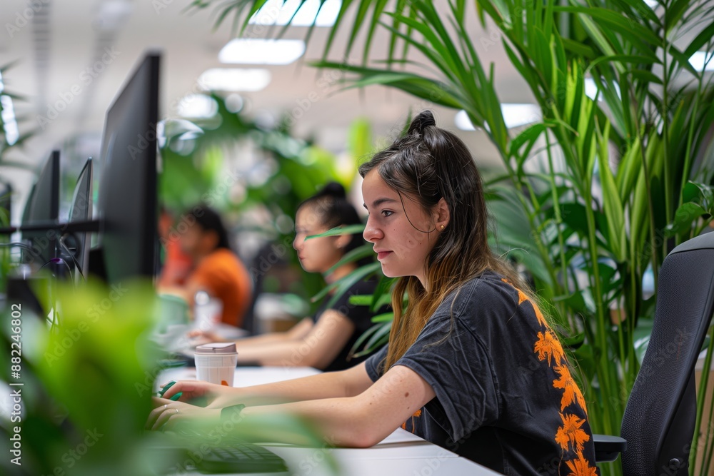 A focused young woman works at her computer in a contemporary office environment filled with lush green plants. A focused young woman works at her computer in a contemporary office environment filled with lush green plants.