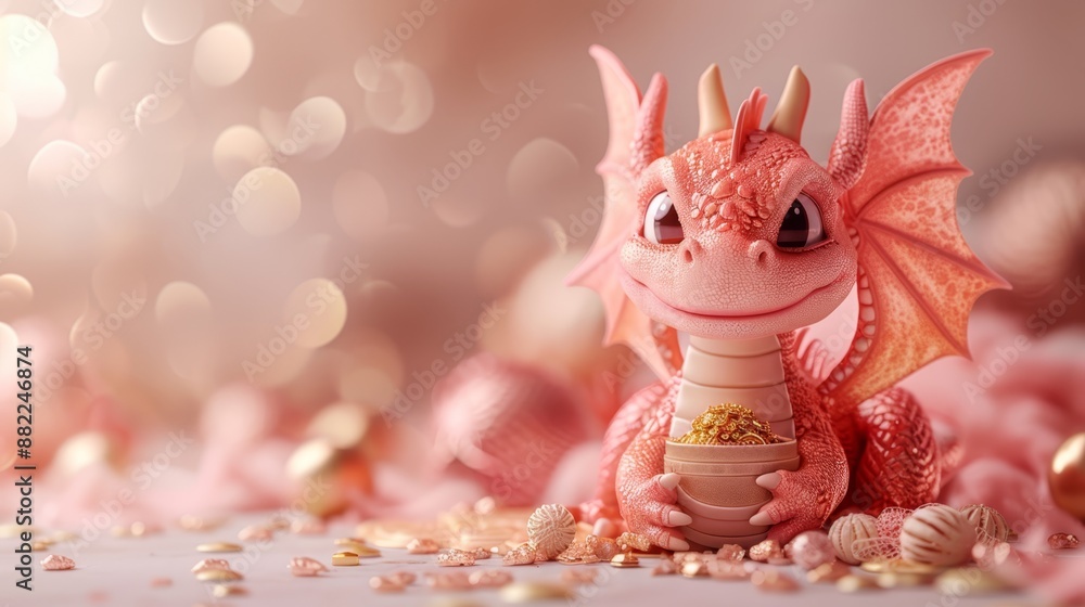 A tight shot of a dragon figurine and its bowl of food against a backdrop of colorful confetti A tight shot of a dragon figurine and its bowl of food against a backdrop of colorful confetti