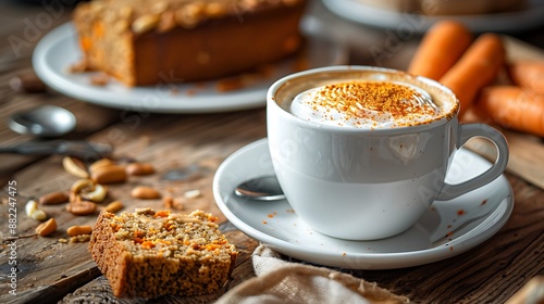 carrot cake bread cookies and a hot coffee on wooden table