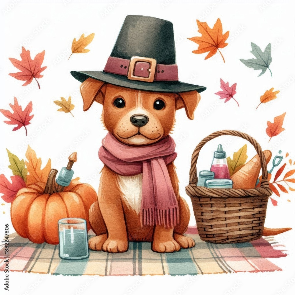 A cute puppy wearing a pilgrim hat, scarf, and surrounded by autumn leaves and a pumpkin. A cute puppy wearing a pilgrim hat, scarf, and surrounded by autumn leaves and a pumpkin.