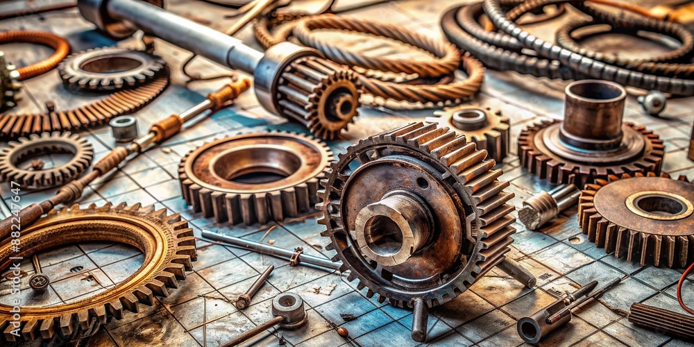Close-up of rusty gears, wires, and metal machinery parts spread out on a workbench, surrounded by tools and diagrams, awaiting repair and maintenance. Close-up of rusty gears, wires, and metal machinery parts spread out on a workbench, surrounded by tools and diagrams, awaiting repair and maintenance.