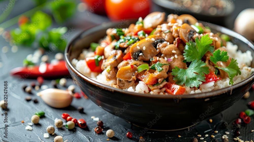 A tight shot of a table-set bowl, brimming with rice and vegetables Other food items nearby A tight shot of a table-set bowl, brimming with rice and vegetables Other food items nearby