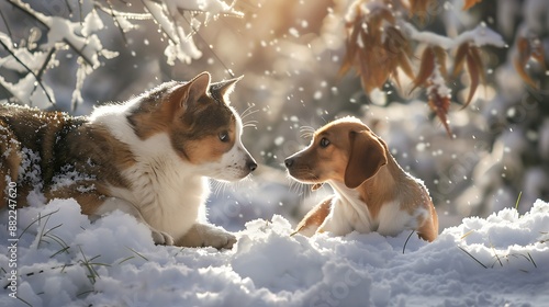 Cat and dog in winter