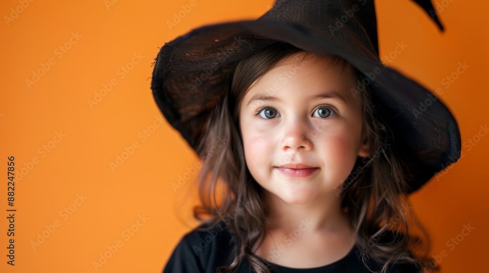 A closeup photography shot of a cute child in a Halloween witch costume, set against an orange background with high saturation colors. A closeup photography shot of a cute child in a Halloween witch costume, set against an orange background with high saturation colors.