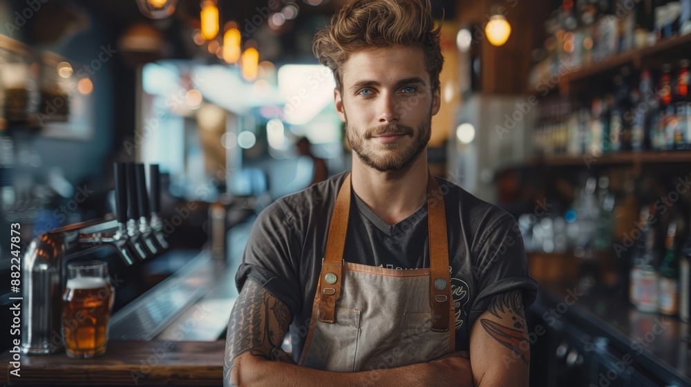 A man, arms crossed, stands before a bar; a mug of beer sits on the counter in front of him A man, arms crossed, stands before a bar; a mug of beer sits on the counter in front of him