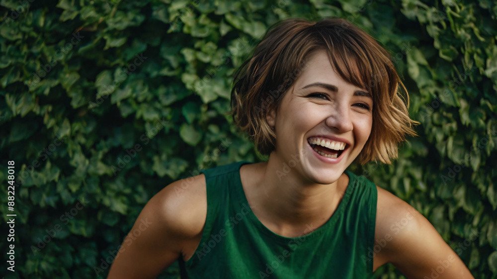 Beautiful young girl with short hair smiles on green background Beautiful young girl with short hair smiles on green background